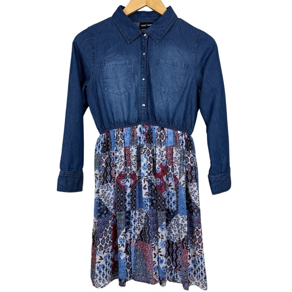 Paper Doll Denim Top Floral Patchwork Dress Kids Girls Size Large Casual Chic